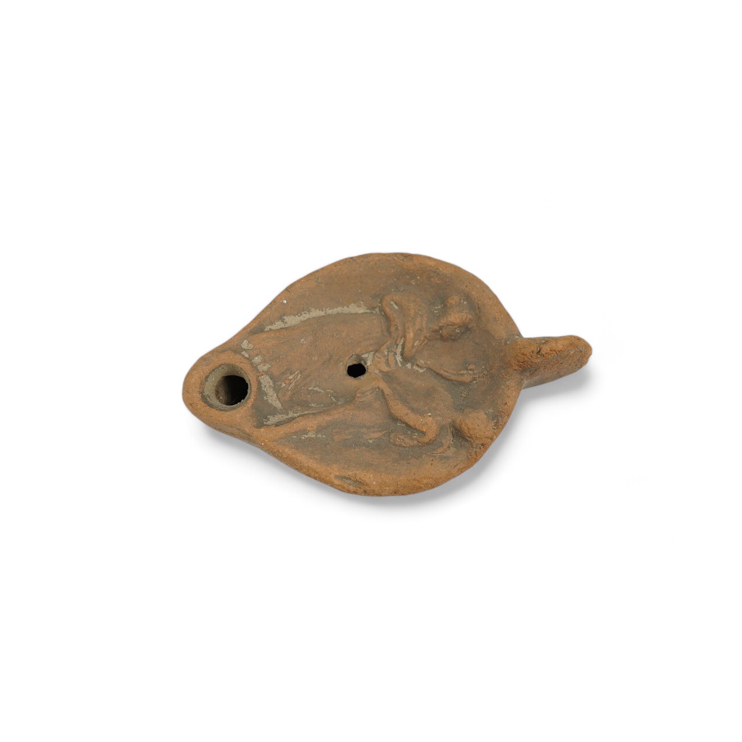 An Ancient Greek 'Athens' terracotta oil lamp, 10cm. Condition - fair